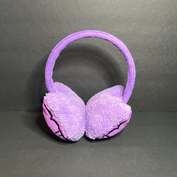 Adorable Purple Smiling Cat Face Girls Winter Accessory Headband Plush Earmuffs - Picture 2 of 4